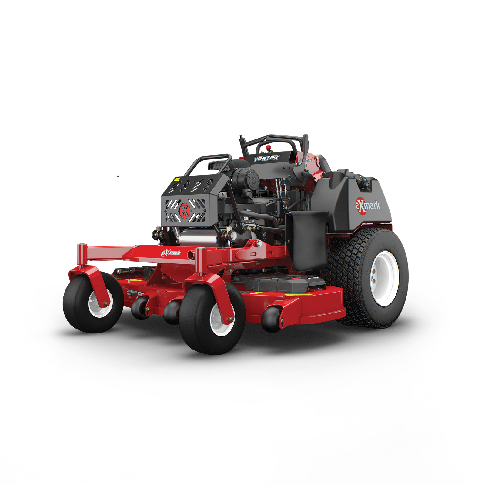 Red Exmark Vertex X Series stand-on mower on a transparent background