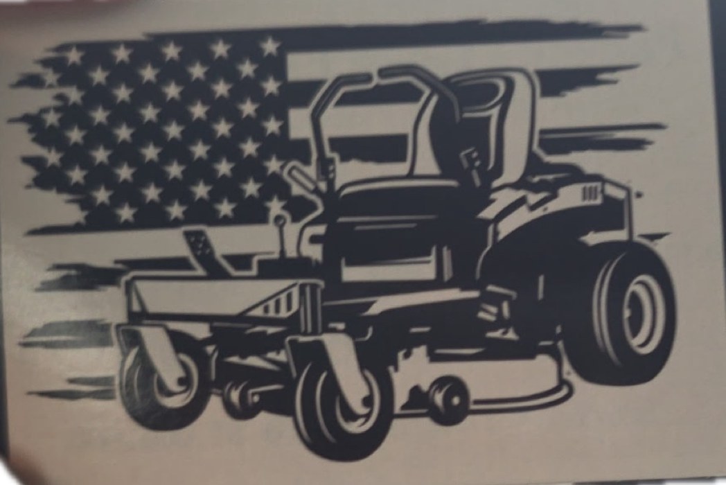 Patrick's Lawn Enforcement logo — black zero-turn mower over a distressed American flag